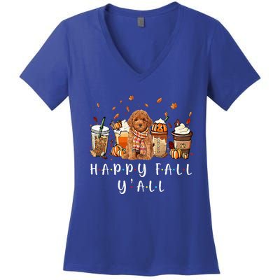 Happy Fall Yall Poodle Dog Coffee Pumpkin Fall Autumn Women's V-Neck T-Shirt