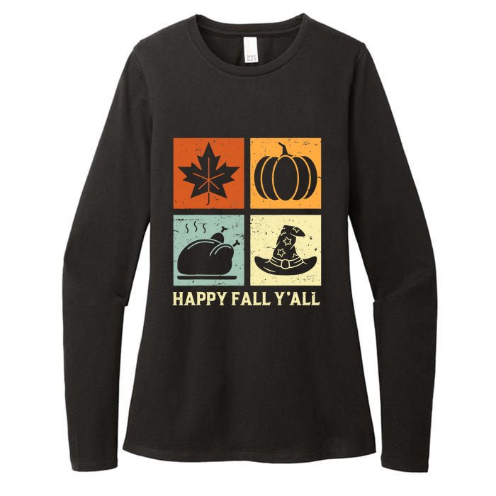 Happy Fall Y'all Vintage Retro Autumn Leaf Pumpkin Turkey Womens CVC Long Sleeve Shirt