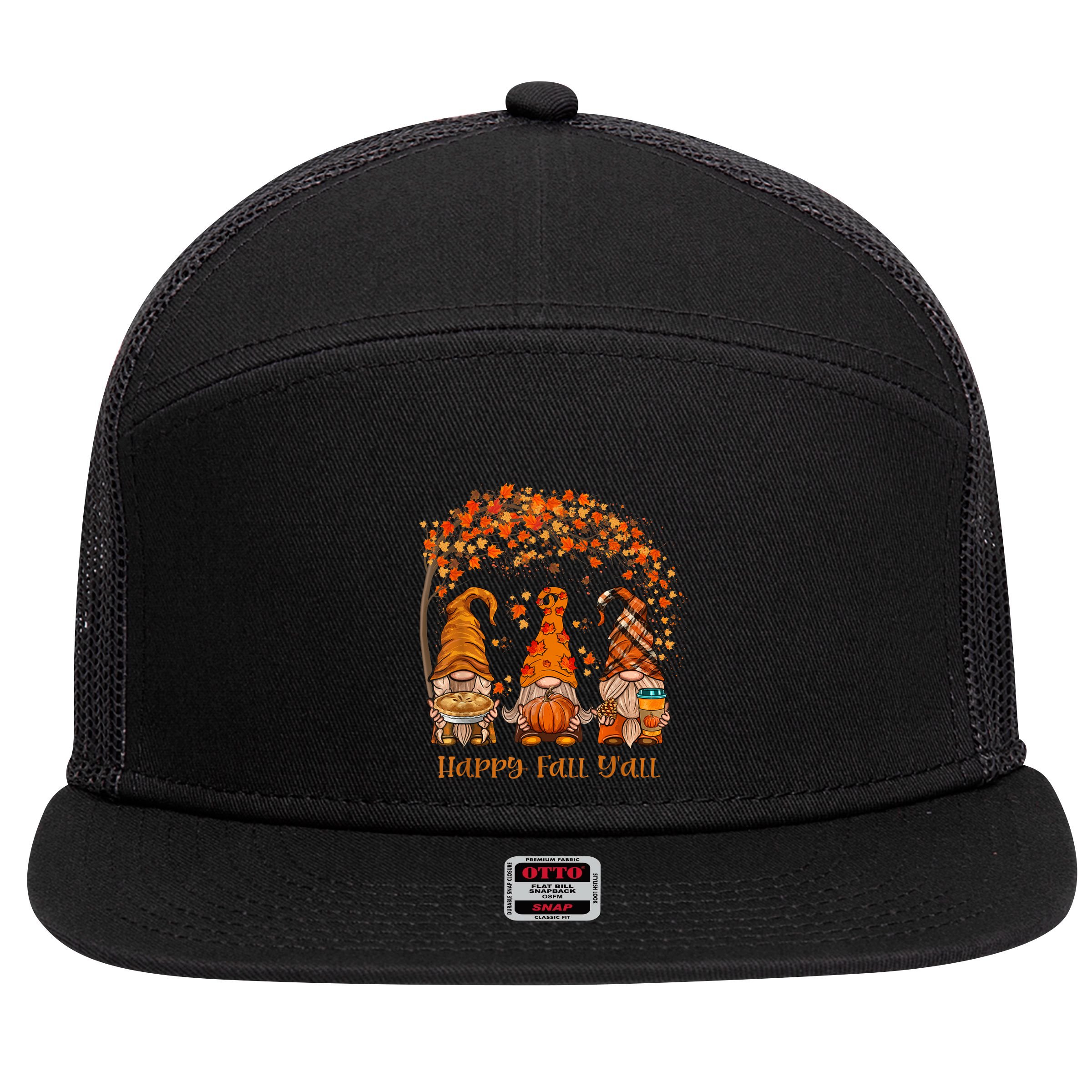 Happy Fall Yall Gnome Autumn Gnomes Pumpkin Spice Season 7 Panel Mesh Trucker Snapback Hat