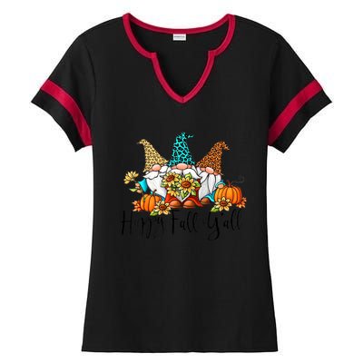 Happy Fall Y'all Gnomes Leopard Pumpkin Autumn Thanksgiving Gift Ladies Halftime Notch Neck Tee