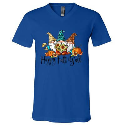 Happy Fall Y'all Gnomes Leopard Pumpkin Autumn Thanksgiving Gift V-Neck T-Shirt