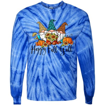 Happy Fall Y'all Gnomes Leopard Pumpkin Autumn Thanksgiving Gift Tie-Dye Long Sleeve Shirt