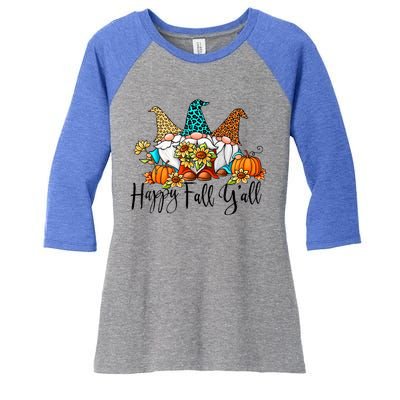 Happy Fall Y'all Gnomes Leopard Pumpkin Autumn Thanksgiving Gift Women's Tri-Blend 3/4-Sleeve Raglan Shirt