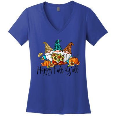 Happy Fall Y'all Gnomes Leopard Pumpkin Autumn Thanksgiving Gift Women's V-Neck T-Shirt