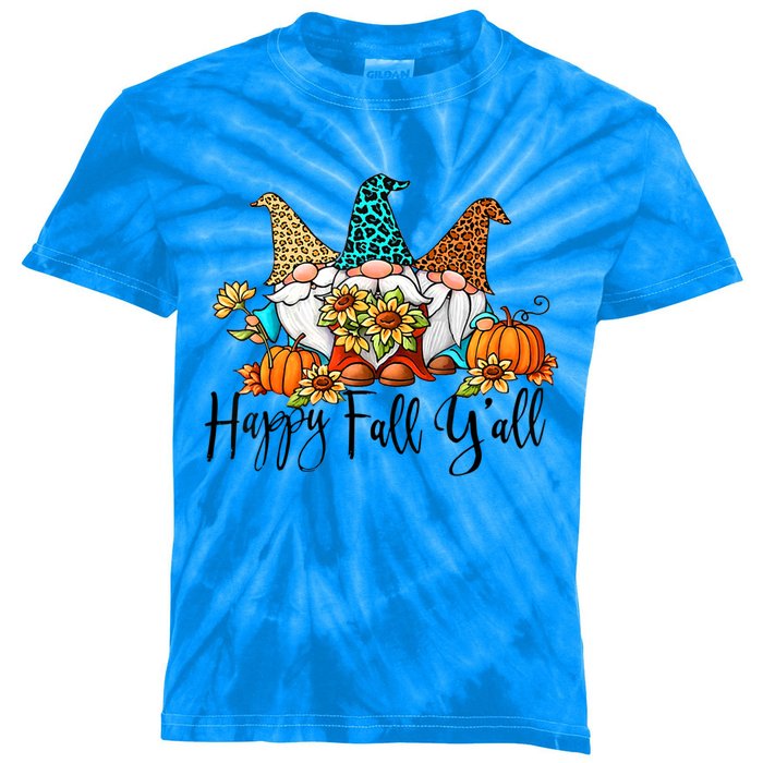 Happy Fall Y'all Gnomes Leopard Pumpkin Autumn Thanksgiving Gift Kids Tie-Dye T-Shirt