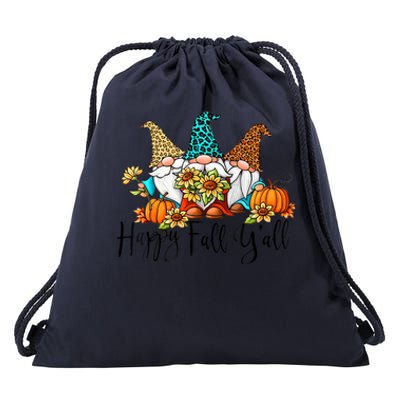 Happy Fall Y'all Gnomes Leopard Pumpkin Autumn Thanksgiving Gift Drawstring Bag