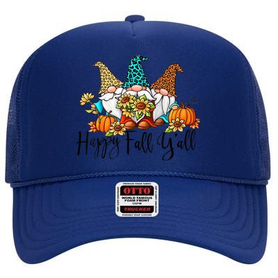 Happy Fall Y'all Gnomes Leopard Pumpkin Autumn Thanksgiving Gift High Crown Mesh Back Trucker Hat