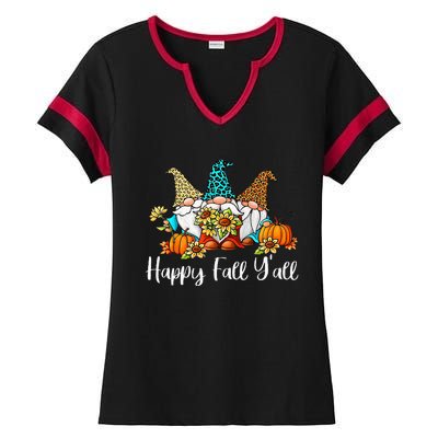 Happy Fall Yall Gnome Leopard Pumpkin Autumn Gnomes Ladies Halftime Notch Neck Tee