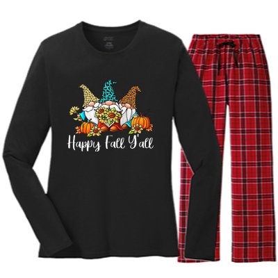 Happy Fall Yall Gnome Leopard Pumpkin Autumn Gnomes Women's Long Sleeve Flannel Pajama Set 