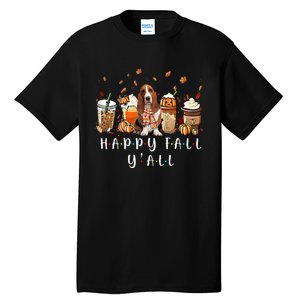 Happy Fall Y'all Basset Hound Dog Coffee Pumpkin Fall Autumn Tall T-Shirt