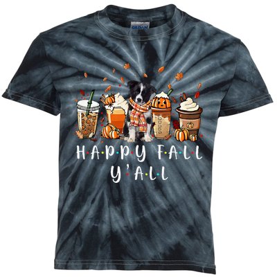 Happy Fall YAll Border Collie Dog Coffee Pumpkin Fall Kids Tie-Dye T-Shirt