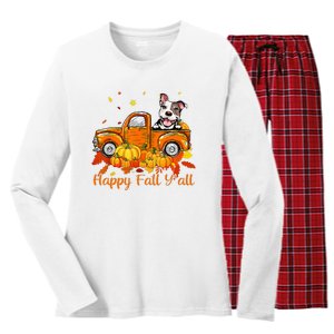 Happy Fall YAll Pitbull Dog Truck Pumpkin Autumn Women's Long Sleeve Flannel Pajama Set 