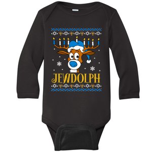 Hanukkah Gets A Humorous Touch With The Funny Jewdolph Ugly Sweater Featuring A Baby Long Sleeve Bodysuit