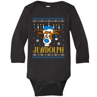 Hanukkah Gets A Humorous Touch With The Funny Jewdolph Ugly Sweater Featuring A Baby Long Sleeve Bodysuit