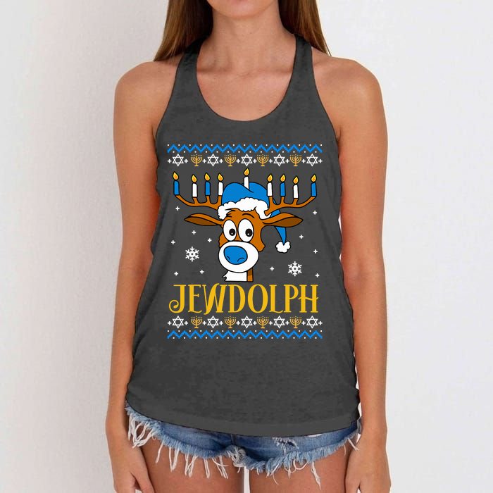 Hanukkah Gets A Humorous Touch With The Funny Jewdolph Ugly Sweater Featuring A Women's Knotted Racerback Tank