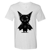 Halloween: Grumpy Black Kitten In Bat Costume V-Neck T-Shirt