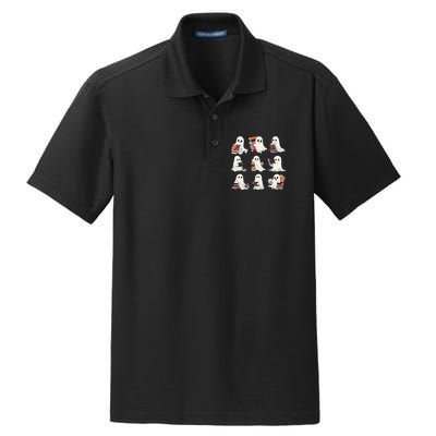 Halloween Ghostly Bookworm Teacher Dry Zone Grid Polo