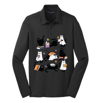 Halloween Ghost Black Cat Reading Book Costume Silk Touch Performance Long Sleeve Polo