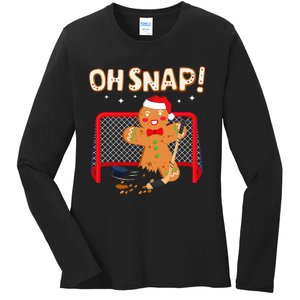 Hockey Goalie Christmas Gingerbread Man Oh Snap Cookie Ladies Long Sleeve Shirt