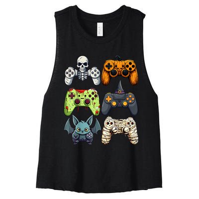 Halloween Gaming Controllers Skeleton Witch Zombie Mummy Women's Racerback Cropped Tank