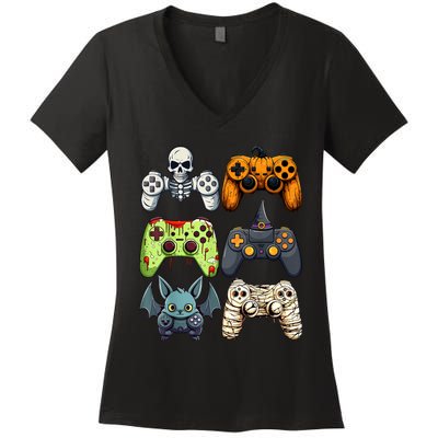 Halloween Gaming Controllers Skeleton Witch Zombie Mummy Women's V-Neck T-Shirt