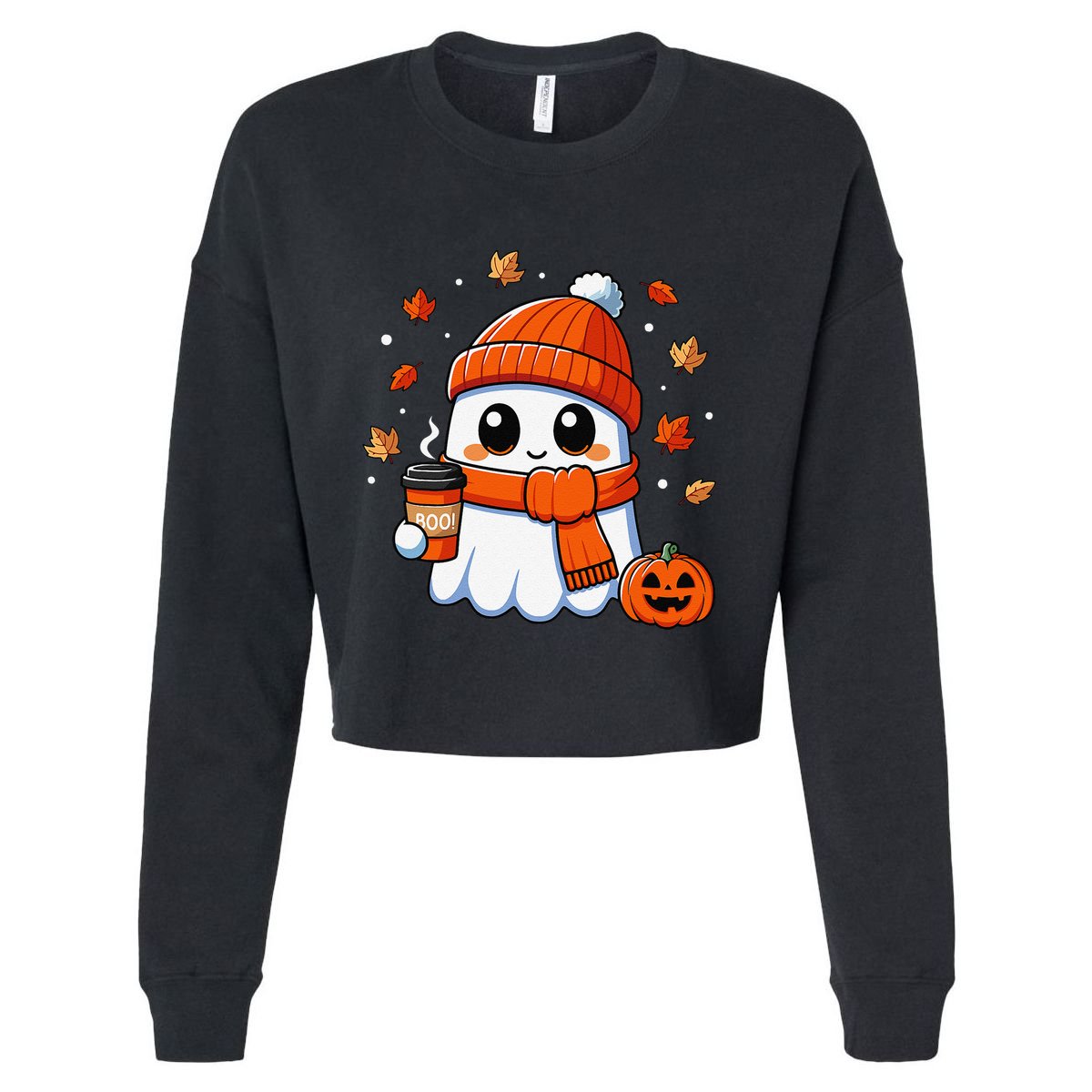 Halloween Ghost Coffee Boo Spooky Season Fall Gift Cropped Pullover Crew