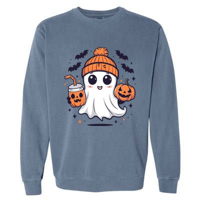 Halloween Ghost Cute Ghost Drinking Coffee Ice Coffee Wo Garment-Dyed Sweatshirt