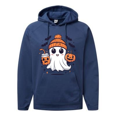 Halloween Ghost Cute Ghost Drinking Coffee Ice Coffee Wo Performance Fleece Hoodie