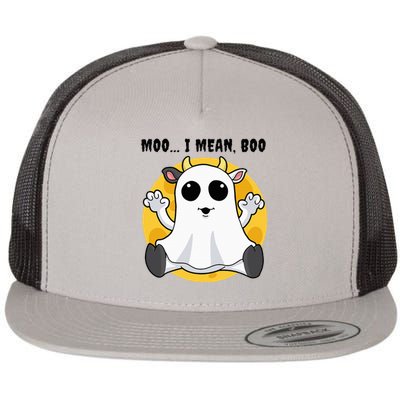 Halloween Ghost Cow Moo I Mean Boo Flat Bill Trucker Hat