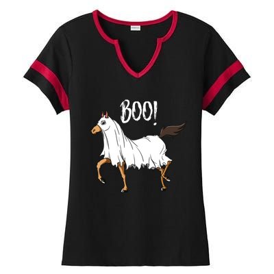 Horse Ghost Costume Funny Equestrian Horse Lover Halloween Ladies Halftime Notch Neck Tee