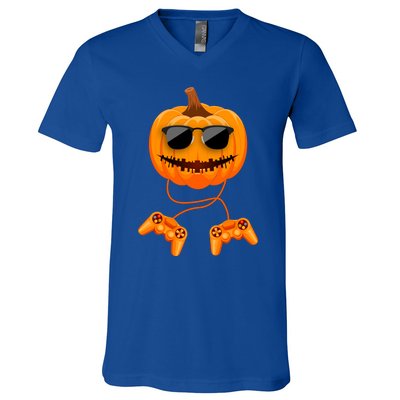 Halloween Gamer Costume Scary Pumpkin Gaming Cute Gift V-Neck T-Shirt