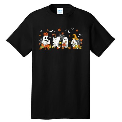 Halloween Ghost Drinking Coffee Fall Ghost Book Reading Gift Tall T-Shirt