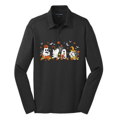 Halloween Ghost Drinking Coffee Fall Ghost Book Reading Gift Silk Touch Performance Long Sleeve Polo