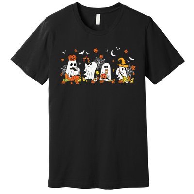 Halloween Ghost Drinking Coffee Fall Ghost Book Reading Gift Premium T-Shirt