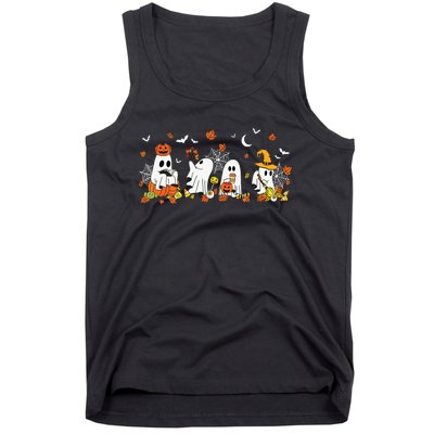 Halloween Ghost Drinking Coffee Fall Ghost Book Reading Gift Tank Top