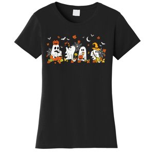 Halloween Ghost Drinking Coffee Fall Ghost Book Reading Gift Women's T-Shirt