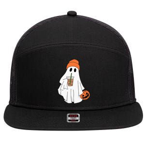 Halloween Ghost Drinking Coffee Ghost Ice Coffee 7 Panel Mesh Trucker Snapback Hat