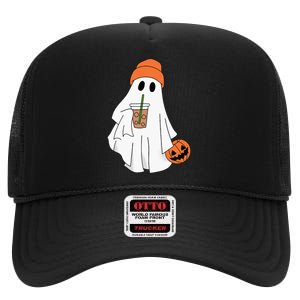 Halloween Ghost Drinking Coffee Ghost Ice Coffee High Crown Mesh Back Trucker Hat