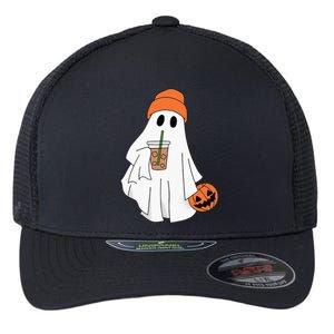 Halloween Ghost Drinking Coffee Ghost Ice Coffee Flexfit Unipanel Trucker Cap