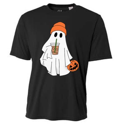 Halloween Ghost Drinking Coffee Ghost Ice Coffee Cooling Performance Crew T-Shirt