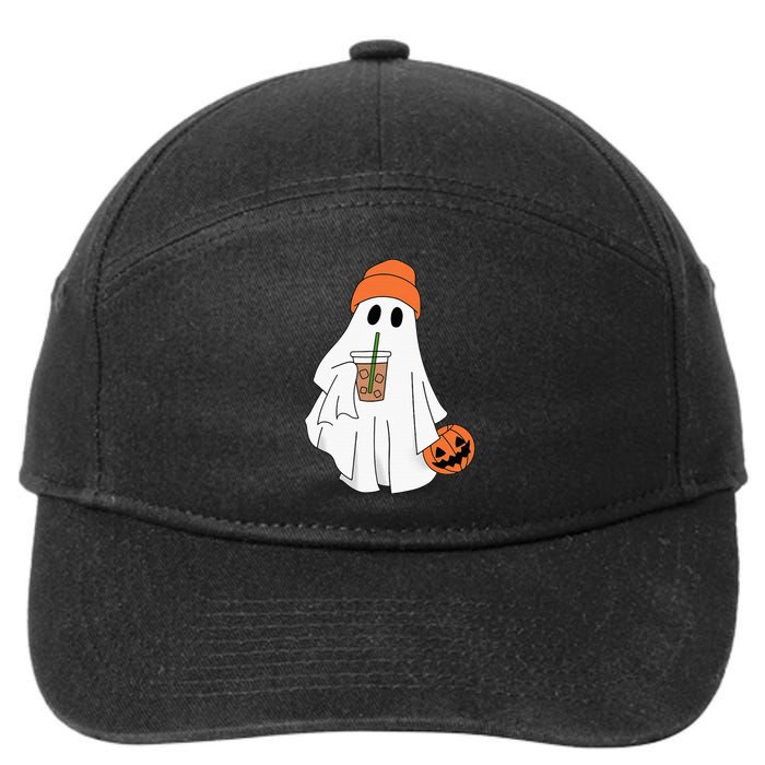 Halloween Ghost Drinking Coffee Ghost Ice Coffee 7-Panel Snapback Hat