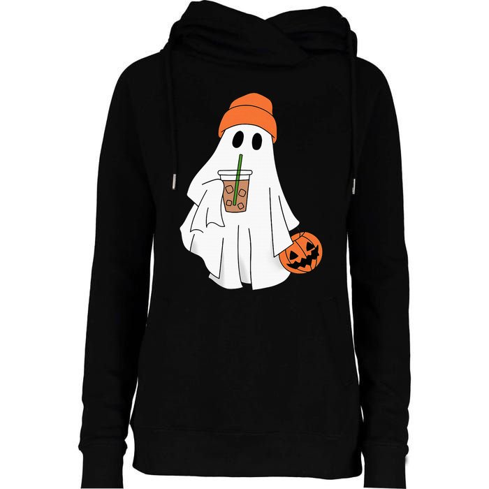 Halloween Ghost Drinking Coffee Ghost Ice Coffee Womens Funnel Neck Pullover Hood