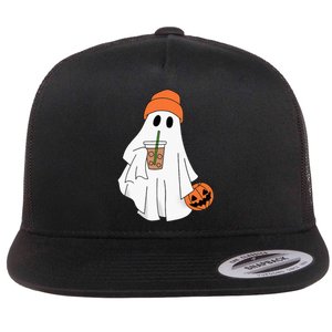 Halloween Ghost Drinking Coffee Ghost Ice Coffee Flat Bill Trucker Hat