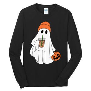 Halloween Ghost Drinking Coffee Ghost Ice Coffee Tall Long Sleeve T-Shirt