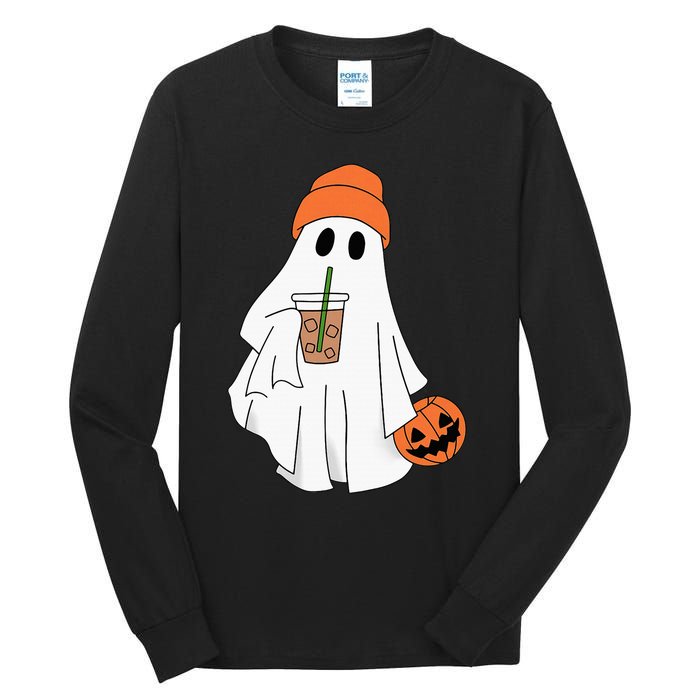 Halloween Ghost Drinking Coffee Ghost Ice Coffee Tall Long Sleeve T-Shirt