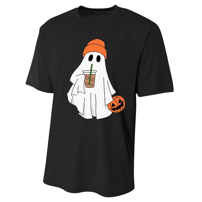 Halloween Ghost Drinking Coffee Ghost Ice Coffee Performance Sprint T-Shirt