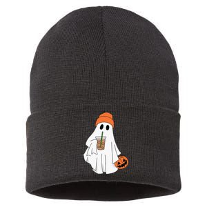 Halloween Ghost Drinking Coffee Ghost Ice Coffee Sustainable Knit Beanie