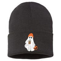 Halloween Ghost Drinking Coffee Ghost Ice Coffee Sustainable Knit Beanie