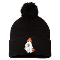 Halloween Ghost Drinking Coffee Ghost Ice Coffee Pom Pom 12in Knit Beanie