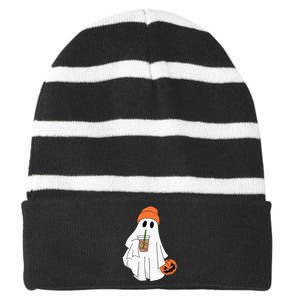 Halloween Ghost Drinking Coffee Ghost Ice Coffee Striped Beanie with Solid Band